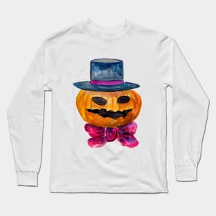 Carved Pumpkin Head with Blue Hat and Bowtie Long Sleeve T-Shirt